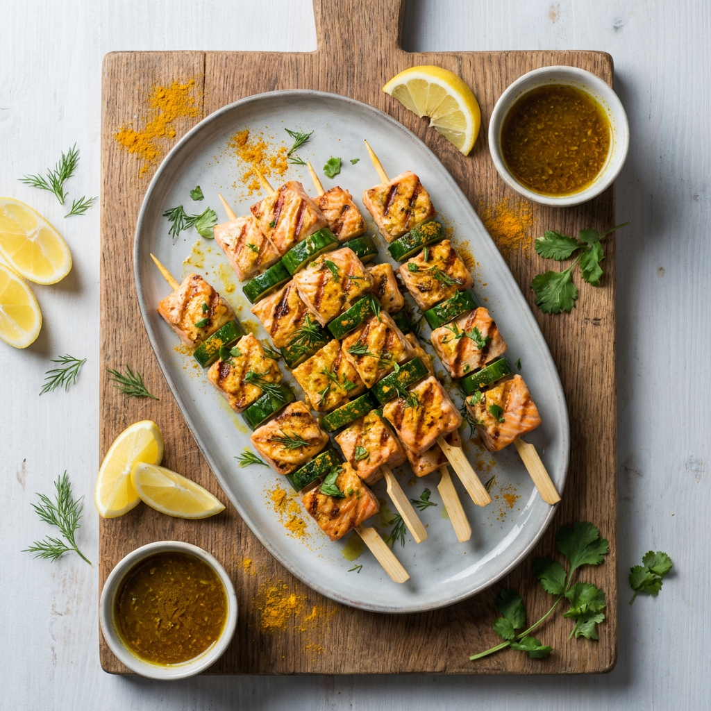 Brochettes de saumon et concombre